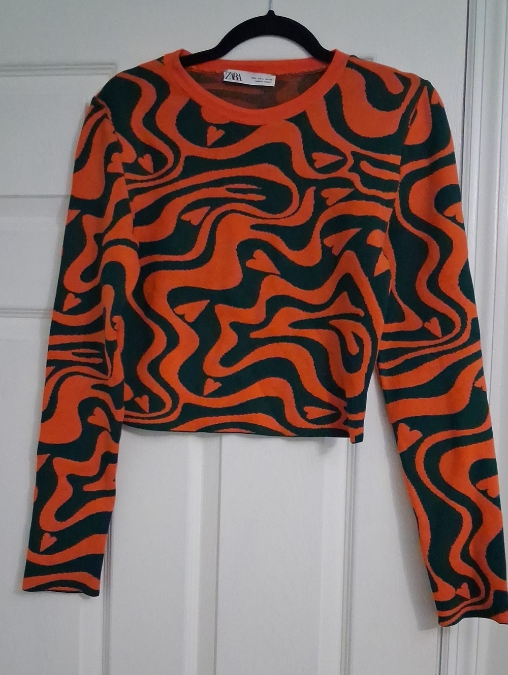 Zara Orange and Dark Green Swirl Long-Sleeve Top